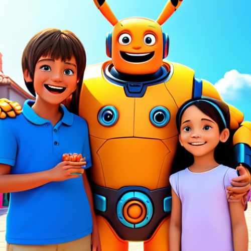 Home 15 **A joyful family meeting Hello Carbot characters at an event, vibrant colors, happy children, cartoon style.**