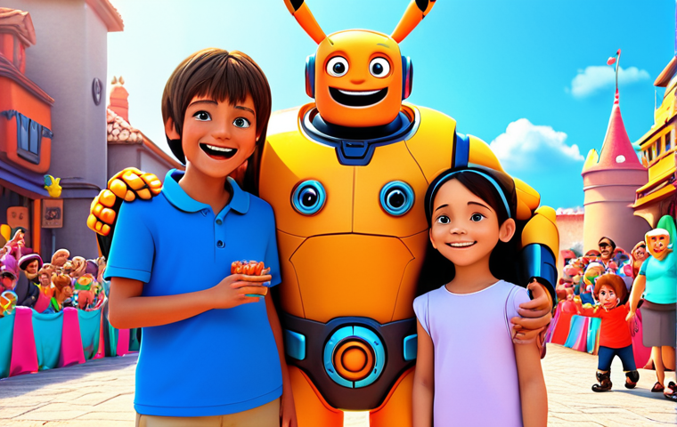 **A joyful family meeting Hello Carbot characters at an event, vibrant colors, happy children, cartoon style.**