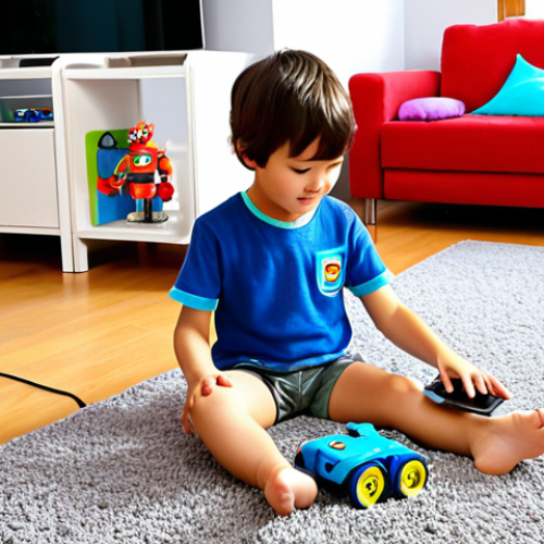 Home 14 A young child, around 7 years old, playing on a carpet with a physical "Hello Carbot" transforming robot toy. Next to the child, a tablet or smartphone displays an augmented reality (AR) overlay, showing the digital version of the "Hello Carbot" character animated and interacting with the real toy or the environment, creating a seamless blend of physical and virtual play. The scene is bright and modern, set in a child's playroom.
