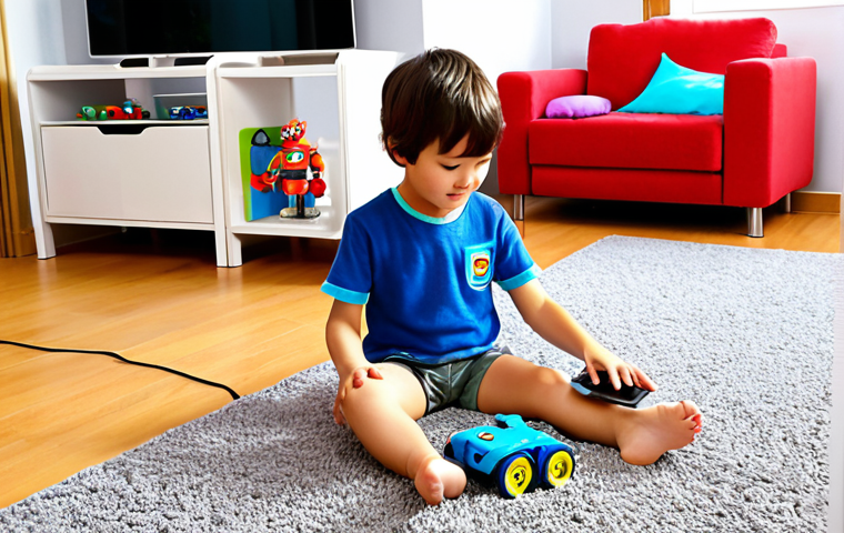 A young child, around 7 years old, playing on a carpet with a physical "Hello Carbot" transforming robot toy. Next to the child, a tablet or smartphone displays an augmented reality (AR) overlay, showing the digital version of the "Hello Carbot" character animated and interacting with the real toy or the environment, creating a seamless blend of physical and virtual play. The scene is bright and modern, set in a child's playroom.