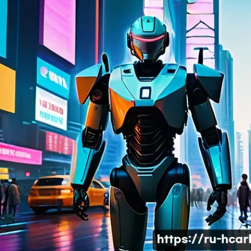 Home 11 헬로카봇의 미래 스토리 예측 - A futuristic cityscape at dusk with towering skyscrapers featuring neon lights and holographic adver...