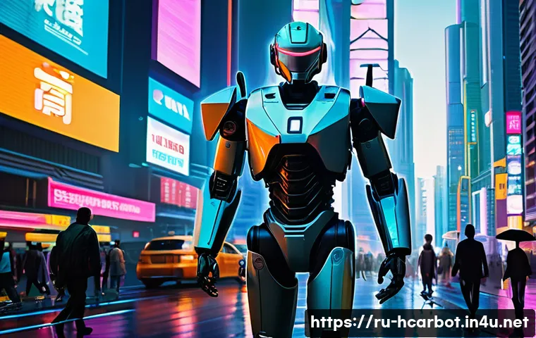 헬로카봇의 미래 스토리 예측 - A futuristic cityscape at dusk with towering skyscrapers featuring neon lights and holographic adver...