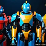헬로카봇 최신 시즌 포스터 분석 - A vibrant poster featuring a central blue robot hero with a calm, rational expression, surrounded by...