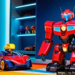 헬로카봇 로봇들의 기능별 비교 - A highly detailed scene featuring a medium-complexity transforming robot toy named "Carbot Turbo" mi...