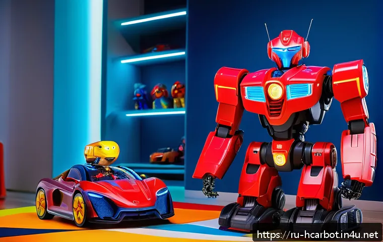 헬로카봇 로봇들의 기능별 비교 - A highly detailed scene featuring a medium-complexity transforming robot toy named "Carbot Turbo" mi...