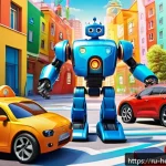 헬로카봇 시청 연령대별 선호도 - A vibrant scene featuring colorful transforming robot cars in a dynamic urban playground setting des...