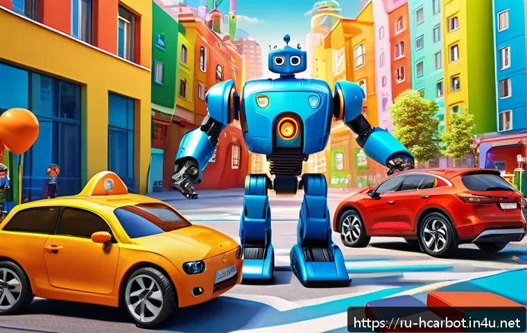 헬로카봇 시청 연령대별 선호도 - A vibrant scene featuring colorful transforming robot cars in a dynamic urban playground setting des...