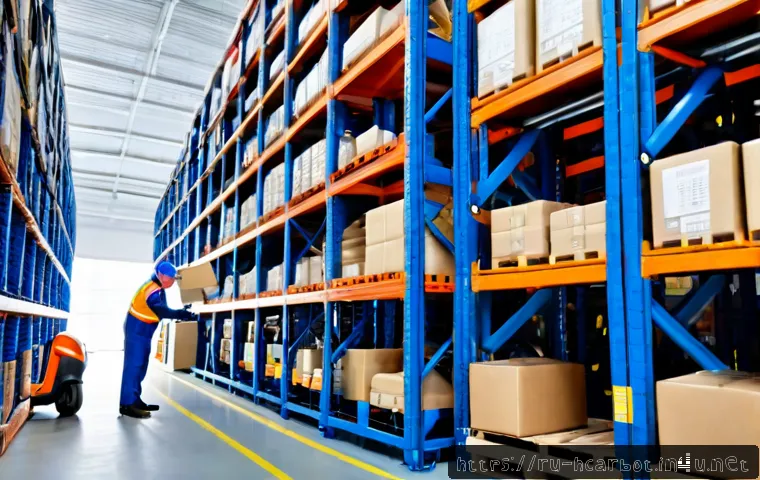 헬로카봇 완구 유통 채널 - Photorealistic toy distribution warehouse in Russia, organized shelves of colorful transforming robo...